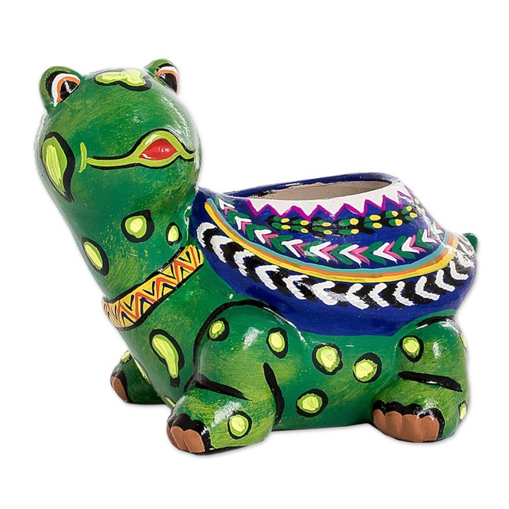 Hand-Painted Small Turtle Ceramic Flower Pot from Guatemala 'Mountain Turtle'