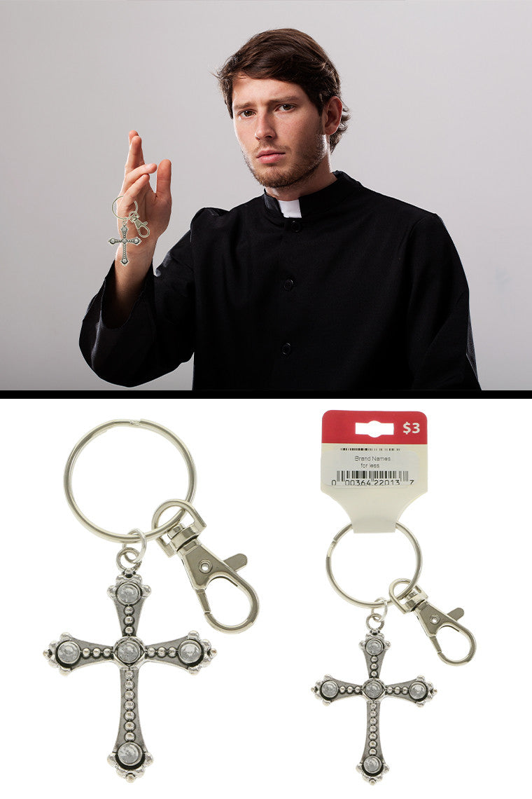 Silver Tone Rhinestone Accented Cross Key Chain KEKC5008